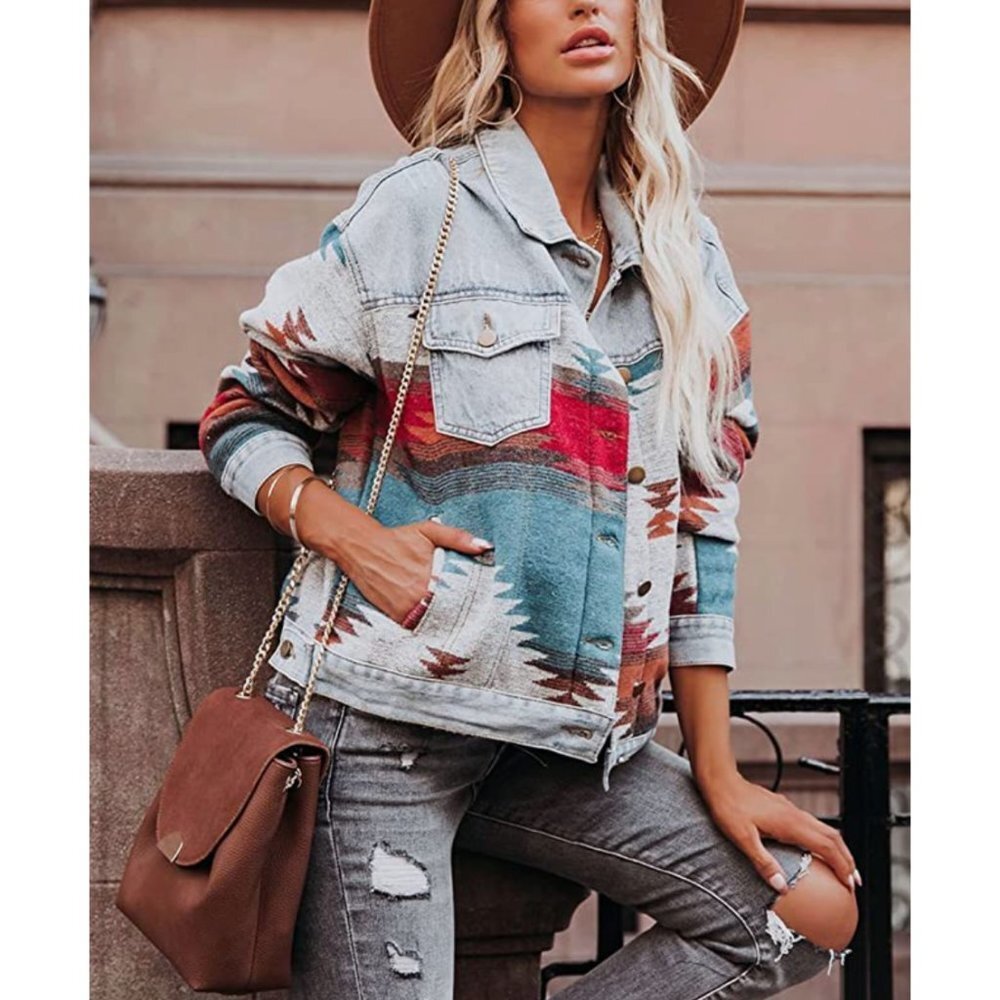 Multicolor‎ Aztec Tribal Print Button Down Denim Jean Jacket Coat Shacket